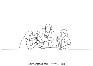 Cartoon of boss work cooperate with diverse team at office briefing. Single continuous line art style
