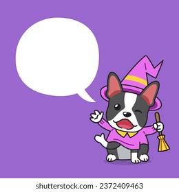 Cartoon boston terrier dog with halloween costume and speech bubble for design.