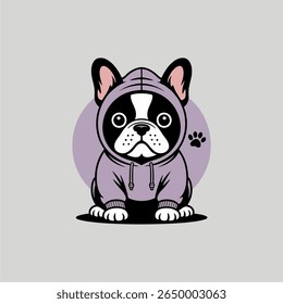 Cartoon Boston Terrier puppy wearing a purple hoodie, sitting against a circular backdrop.