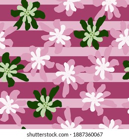 Dibujo botánico sin fisuras con estampado de margarita de flores verde y lila sobre fondo rayado. Impresión vectorial plana para textiles, tela, giftwrap, papel pintado. Ilustración sin fin.