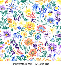 Cartoon Botanical Seamless Pattern. Fun Abstractive Plants Ornament. Graphic Pencil Line Sketch Drawing. Flowers, Herbs And Leaves. Summer Fashion Design For Textile, Fabric, Clothes And Wrapping.