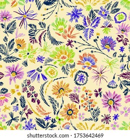Cartoon botanical seamless pattern. Fun abstractive plants ornament. Graphic pencil line sketch drawing. Flowers, herbs and leaves. Summer fashion design for textile, fabric, clothes and wrapping.