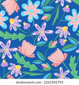 Cartoon botanical seamless pattern. Fun abstractive plants ornament. Graphic pencil line sketch drawing. Flowers, herbs and leaves. Summer fashion design for textile, fabric, clothes and wrapping.
