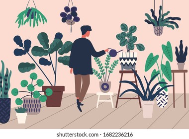 Cartoon botanist man watering houseplant vector flat illustration. Colorful male growing and cultivate green potted plant enjoying hobby. Casual guy care to domestic house garden