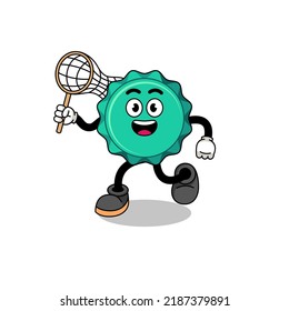 Cartoon of bottle cap catching a butterfly , character design