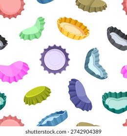 Cartoon bottle caps seamless pattern. Colorful used and broken cap for glass bottles beer or soda. Print for textile, bar wallpaper, wrapping, vector background