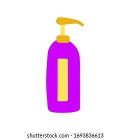 Botella de caricatura de cosméticos. Embalaje de jabón, crema, loción para cuerpo y cara, gel, champú, bálsamo. Tubo amarillo violeta con dispensador. Un producto de moda escandinavo. Ilustración de material vectorial