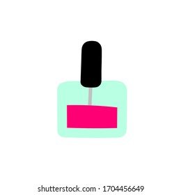 Cartoon bottle with cosmetics. Scandinavian flat packaging pink nail polish, makeup. Transparent jar with bright color gel polish. Vector stock illustration for packaging, advertising, posters, prints