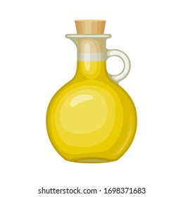 Cartoon bottle of extra virgin olive oil. Yellow liquid element of honey or essential oil. Traditional healthy product, organic vegan nutrition. Glass jar with gold oil isolated vector illustration.