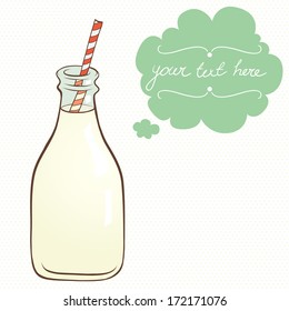 Cartoon bottle of fresh milk with a striped straw and speech bubble for the text isolated on polka dot background.