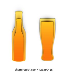 Cartoon bottle and glass for alcohol or liquid in paper cut trendy craft style. Modern design for advertising, branding greeting card, cover, poster, banner. Vector illustration.