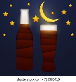 Cartoon bottle and glass with dark alcohol or liquid in paper cut trendy craft style. Modern design for advertising, branding greeting card, cover, poster, banner. Vector illustration.