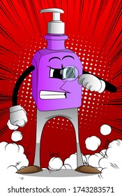 Cartoon Bottle Of Hand Sanitizer Gel With Angry Face Holding A Magnifying Glass, Expressions Vector.