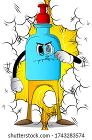 Cartoon Bottle Of Hand Sanitizer Gel With Angry Face Holding A Magnifying Glass, Expressions Vector.