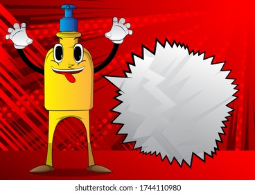 Cartoon Bottle of hand sanitizer gel with face is trying to scare you. Expressions vector.