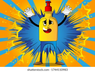 Cartoon Bottle of hand sanitizer gel with face is trying to scare you. Expressions vector.