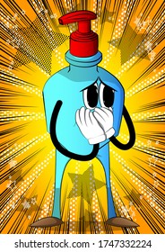 Cartoon Bottle of hand sanitizer gel with sad face with hands over mouth. Expressions vector.