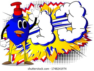 Cartoon Bottle of hand sanitizer gel with face waving hand. Funny Expressions vector.