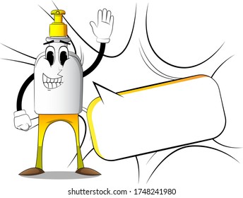 Cartoon Bottle of hand sanitizer gel with face waving hand. Funny Expressions vector.