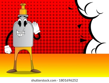 Cartoon Bottle of hand sanitizer gel with face holds hand at his ear, listening.