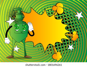 Cartoon Bottle of hand sanitizer gel with face holds hand at his ear, listening.