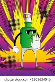 Cartoon bottle of hand sanitizer gel with face showing deny or refuse hand gesture.