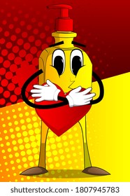 Cartoon bottle of hand sanitizer gel for hygiene with face, holding red heart in his hand.