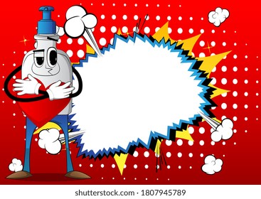 Cartoon bottle of hand sanitizer gel for hygiene with face, holding red heart in his hand.