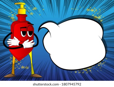 Cartoon bottle of hand sanitizer gel for hygiene with face, holding red heart in his hand.
