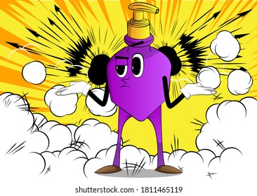 Cartoon bottle of hand sanitizer gel for hygiene with face shrugs shoulders expressing don't know gesture.