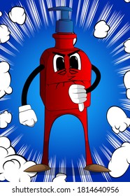 Cartoon bottle of hand sanitizer gel for hygiene with face showing dislike hand sign, thumbs down.