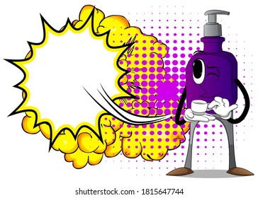 Cartoon bottle of hand sanitizer gel for hygiene with face holding a cup of coffee.