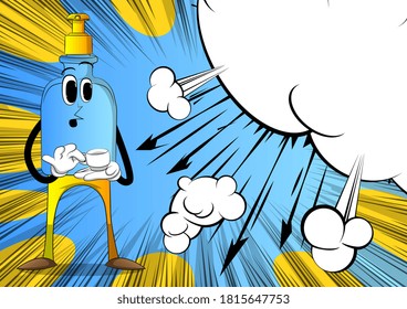 Cartoon bottle of hand sanitizer gel for hygiene with face holding a cup of coffee.