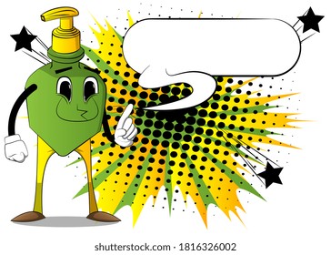 Cartoon bottle of hand sanitizer gel for hygiene with face saying no with his finger.