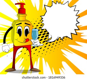 Cartoon bottle of hand sanitizer gel for hygiene with face holding a glass of water.