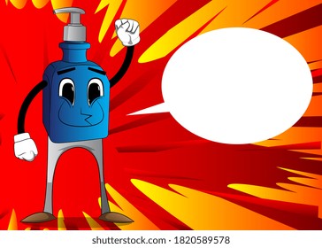 Cartoon bottle of hand sanitizer gel for hygiene with face making power to the people fist gesture.