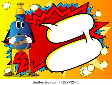 Cartoon bottle of hand sanitizer gel for hygiene with face driving, holding a steering wheel.