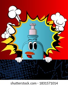 Cartoon bottle of hand sanitizer gel for hygiene with face holding dark banner for text. Vector Illustration.