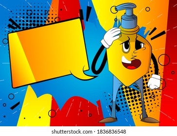 Cartoon bottle of hand sanitizer gel for hygiene  with face placing hand on head.