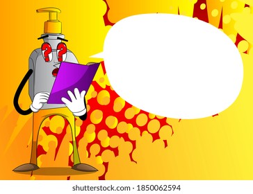 Cartoon bottle of hand sanitizer gel for hygiene  with face reading a book.