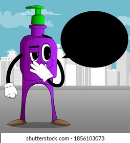 Cartoon bottle of hand sanitizer gel for hygiene with face holding his nose because of a bad smell.