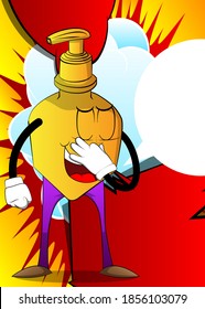 Cartoon bottle of hand sanitizer gel for hygiene with face holding his nose because of a bad smell.