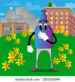Cartoon bottle of hand sanitizer gel for hygiene with face holding his nose because of a bad smell.