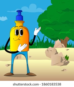 Cartoon bottle of hand sanitizer gel for hygiene  with face showing something with both hands, powerful hand gesture.