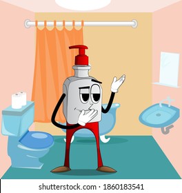 Cartoon bottle of hand sanitizer gel for hygiene  with face showing something with both hands, powerful hand gesture.