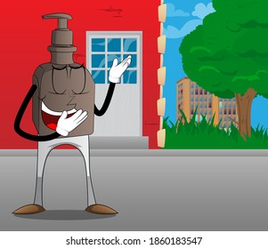 Cartoon bottle of hand sanitizer gel for hygiene  with face showing something with both hands, powerful hand gesture.