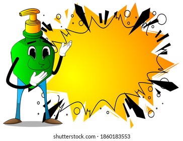 Cartoon bottle of hand sanitizer gel for hygiene  with face showing something with both hands, powerful hand gesture.