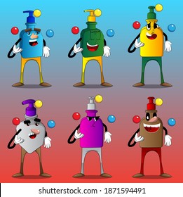 Cartoon bottle of hand sanitizer gel for hygiene with face is a juggler. Playing with colored balls.