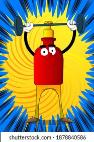 Cartoon bottle of hand sanitizer gel for hygiene with face as a weightlifter lifting barbell.