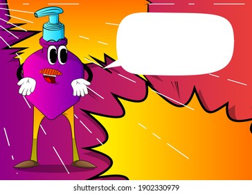 Cartoon bottle of hand sanitizer gel for hygiene with face showing something with both hands or expressing don't know gesture.